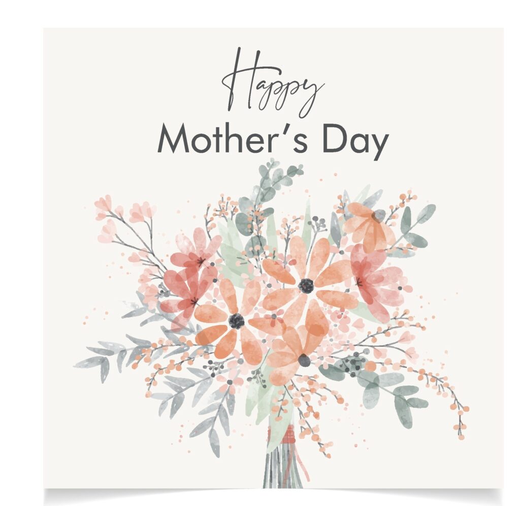 Set of flower vector Happy Mother’s day  greeting cards. Spring floral patterns for post, card template design. Cute hand drawn bouquet decoration. Bloom watercolor illustration